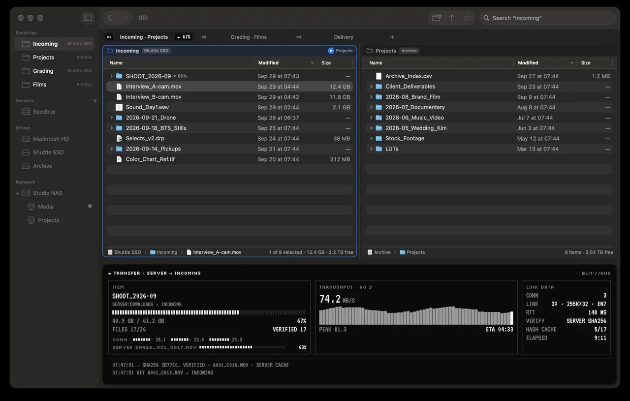 Blit’s file browser and pixel-terminal transfer HUD
