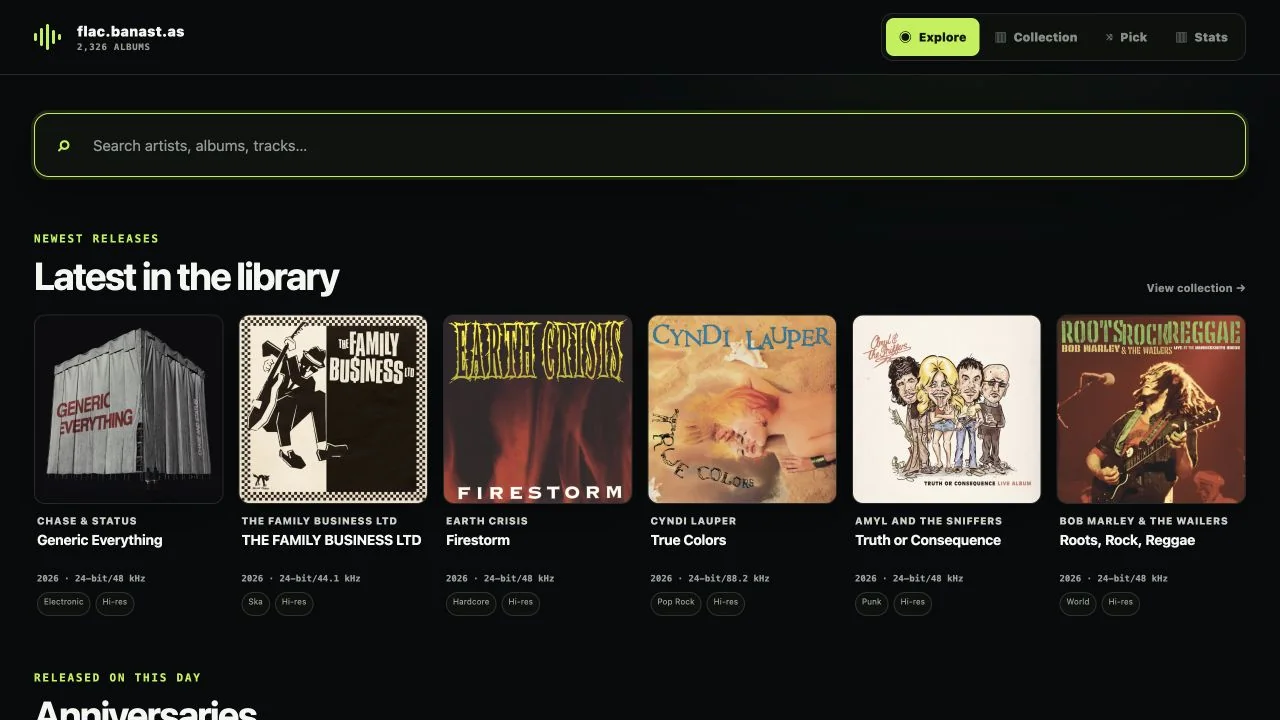 The FLAC library showing albums and audio formats