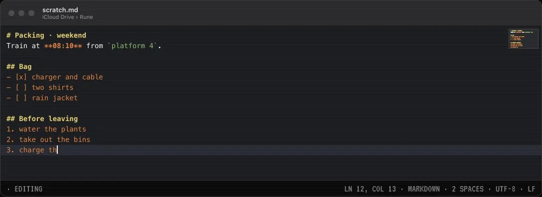 Rune’s scratch editor and sync status, captured from its website demo